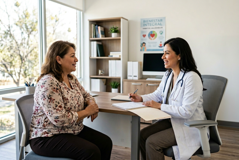 Consulta médica para evaluar las complicaciones de la obesidad: gastroenteróloga atendiendo a paciente