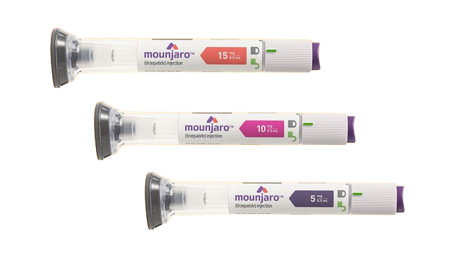 Tres jeringas precargadas de Mounjaro para inyección, con dosis de 15 mg, 10 mg y 5 mg, en fondo amarillo.