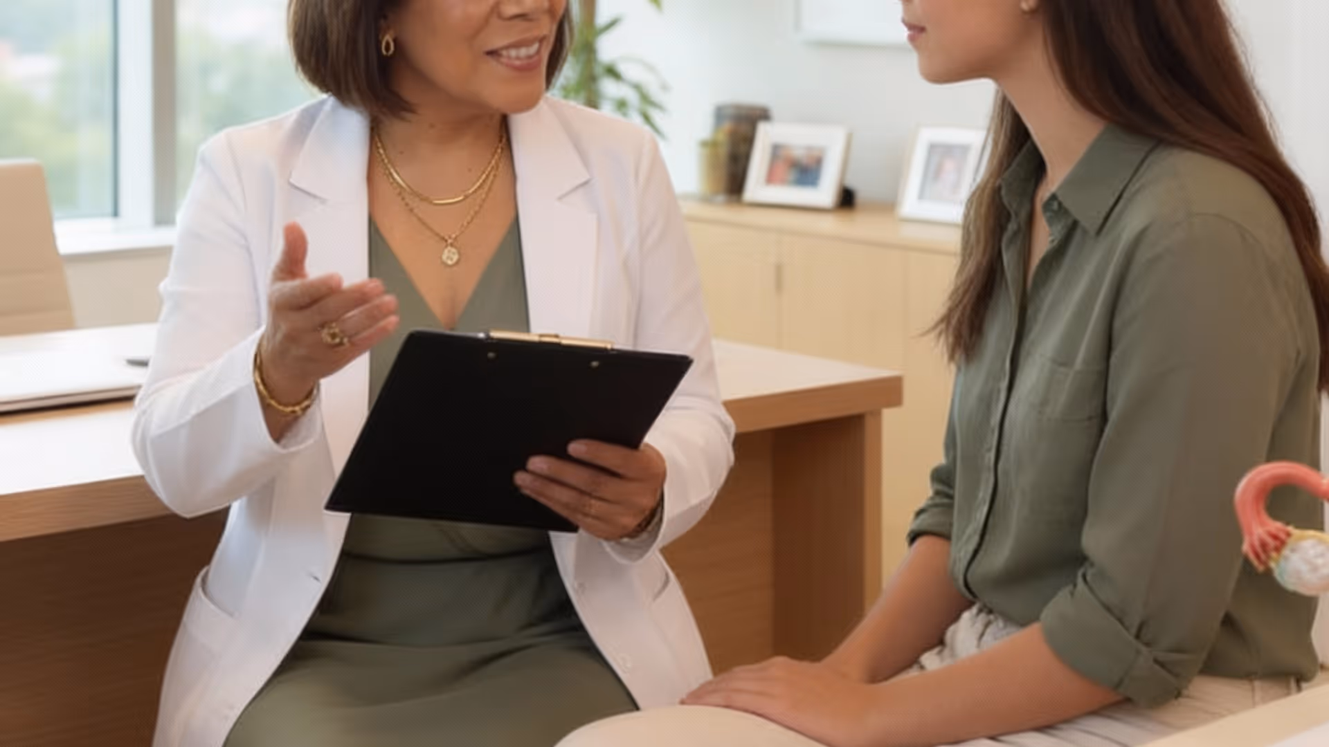 Doctora hablando con paciente mientras sostiene una tableta en una consulta médica.