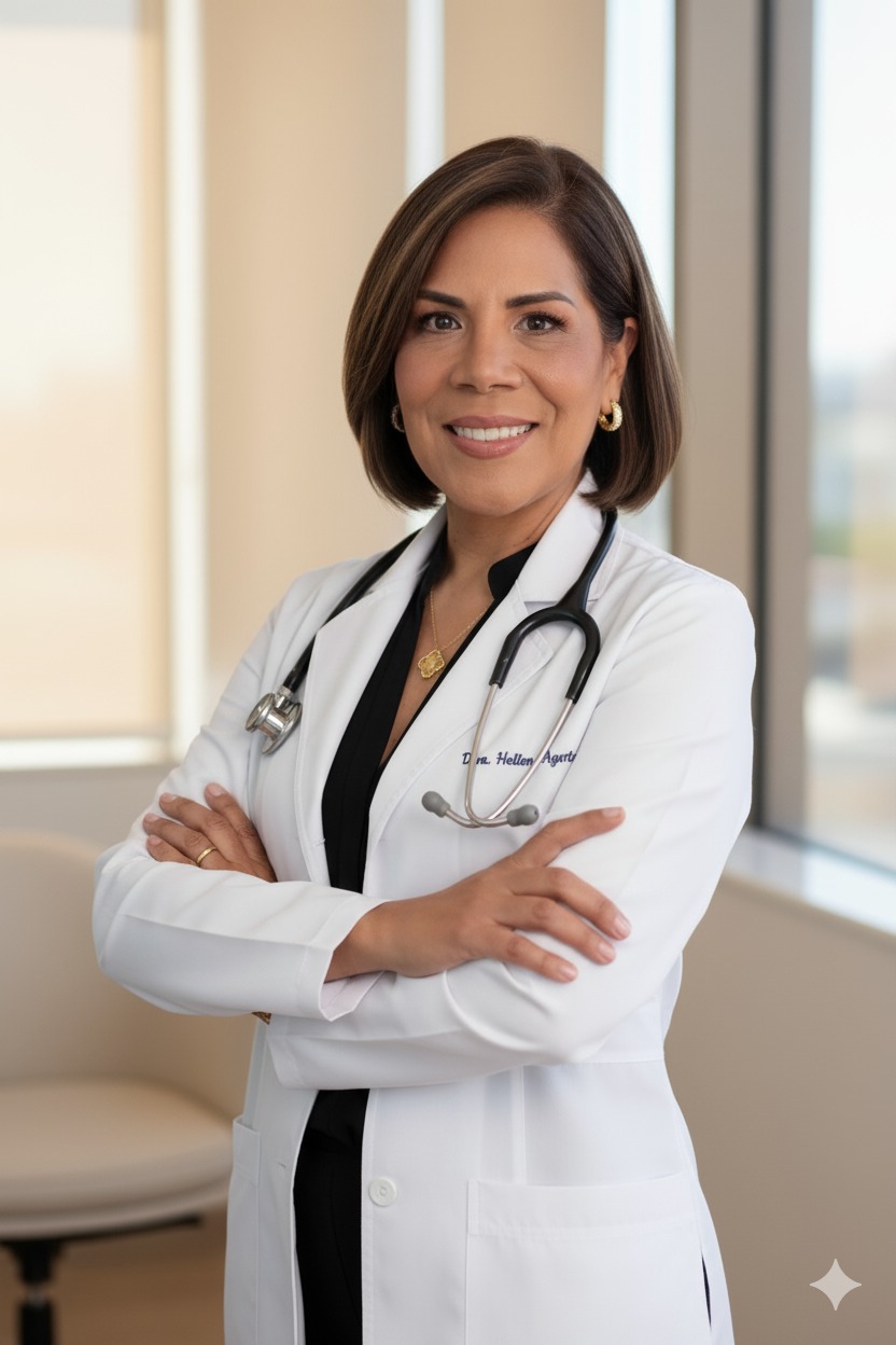 Doctora con bata blanca y estetoscopio, sonriendo con los brazos cruzados en un consultorio médico.