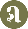 Logotipo estilizado de la letra a en blanco sobre un fondo circular verde oliva.