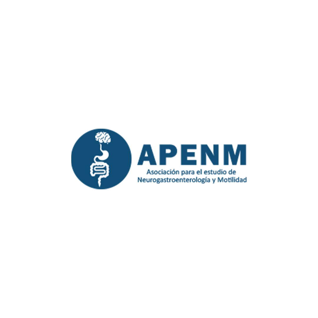 Logotipo de APENM con un círculo azul que contiene un dibujo blanco del cerebro conectado a un estómago y al intestino, junto al texto APENM Asociación para el estudio de Neurogastroenterología y Motilidad.