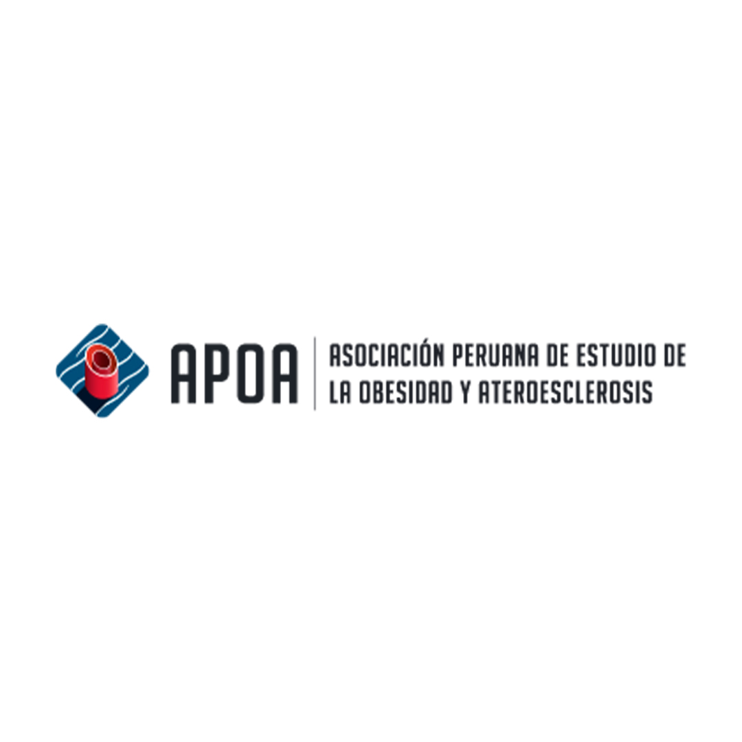 Logotipo de APOA con una figura roja y azul y texto que dice Asociación Peruana de Estudio de la Obesidad y Ateroescclerosis.