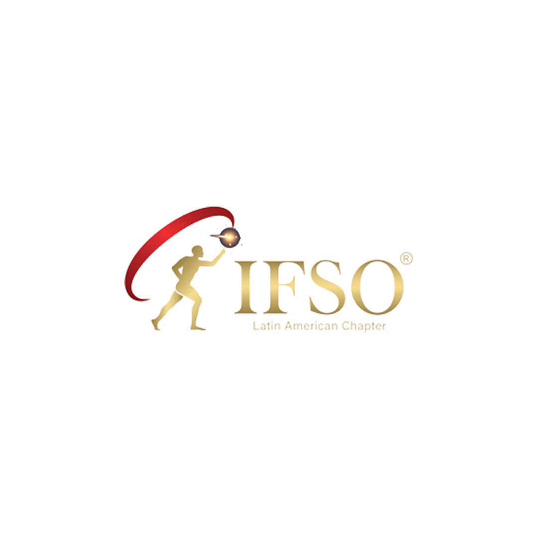 Logotipo de IFSO Latin American Chapter con figura dorada corriendo y arco rojo curvado.